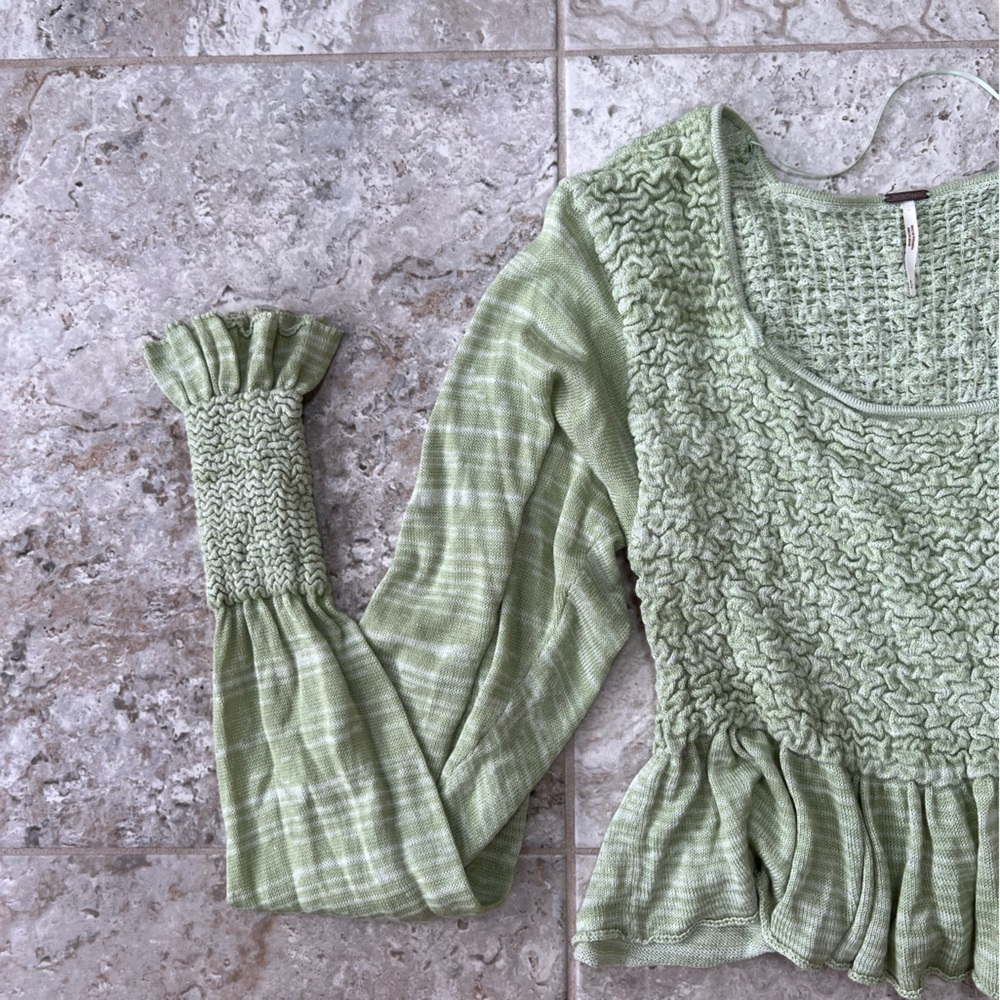 Free People Free Spirit Smocked Knit Peplum Sweater Crop Top, Seafoam Green, S - Picture 8 of 12